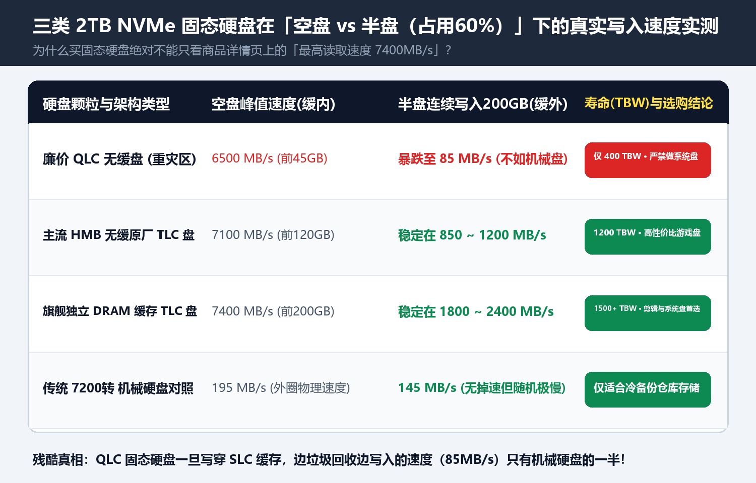 三类 2TB NVMe 固态硬盘在「空盘 vs 半盘(占用60%)」下的真实写入速度实测